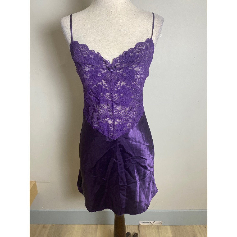 Vintage 90s Purple Satin and Lace Slip Dress Chemise Coquette Small